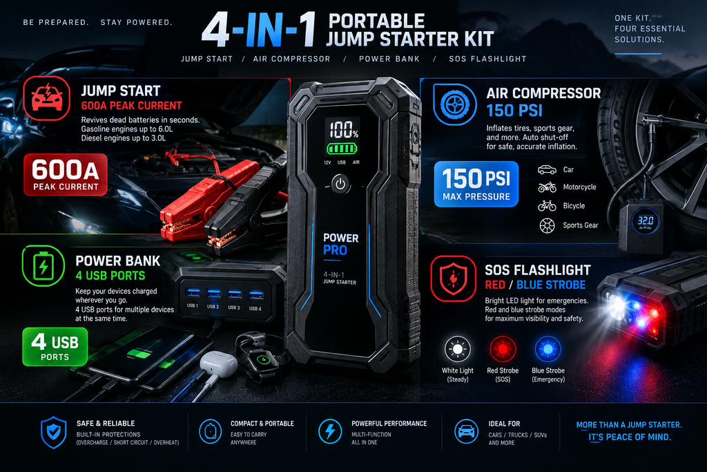 Infografía 4 funciones: arrancador, compresor, powerbank, linterna SOS